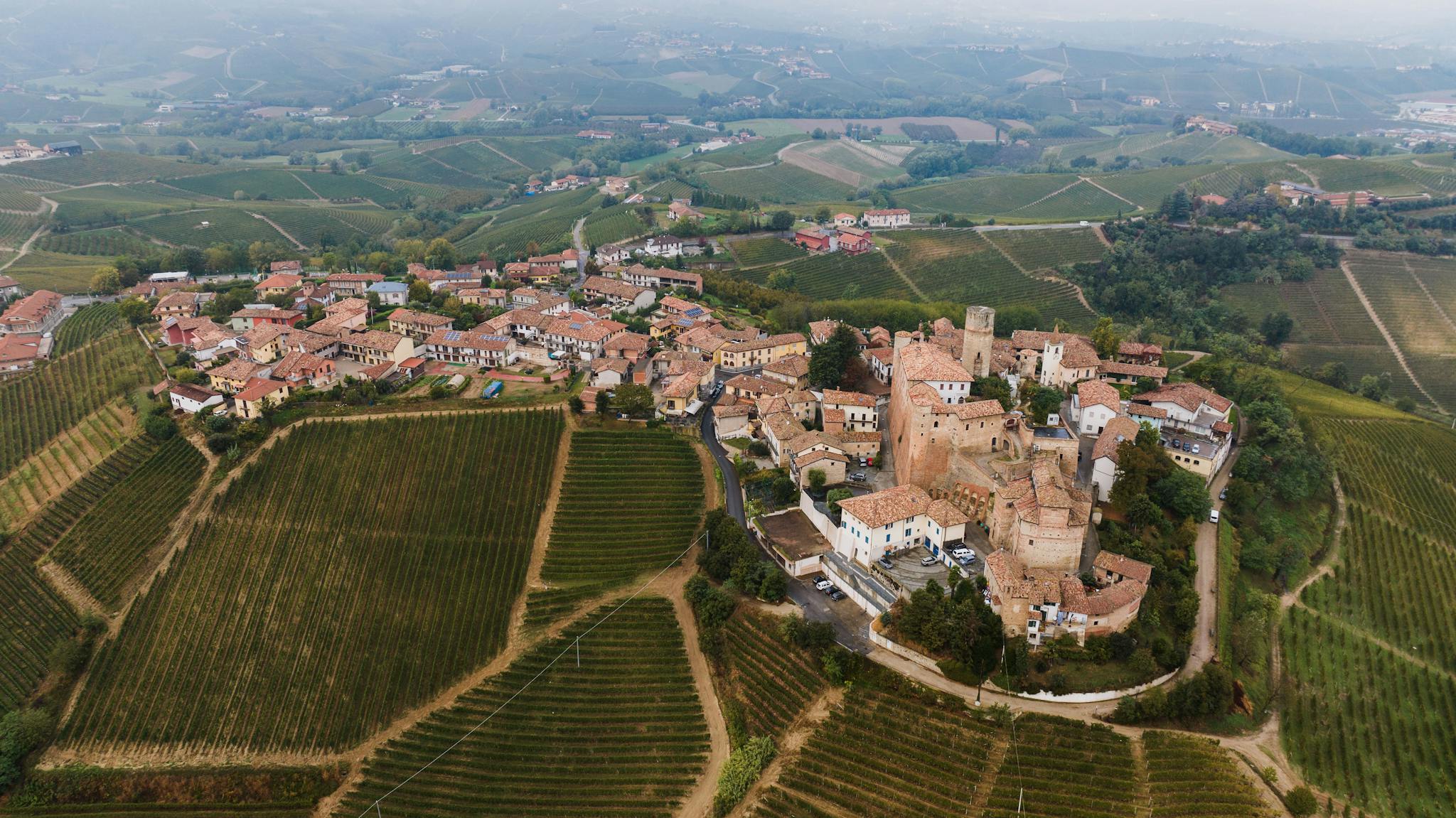 Aerial view of Castiglione Falletto and surrounding vineyards in Piedmont, Italy.